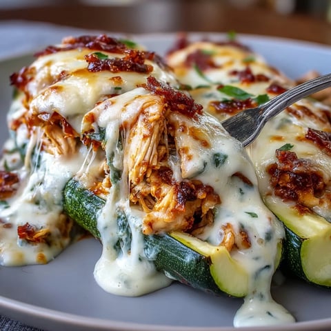 Golden-brown Keto Creamy Garlic Chicken Zucchini Boats fresh from the oven, topped with bubbly melted mozzarella and fresh parsley.