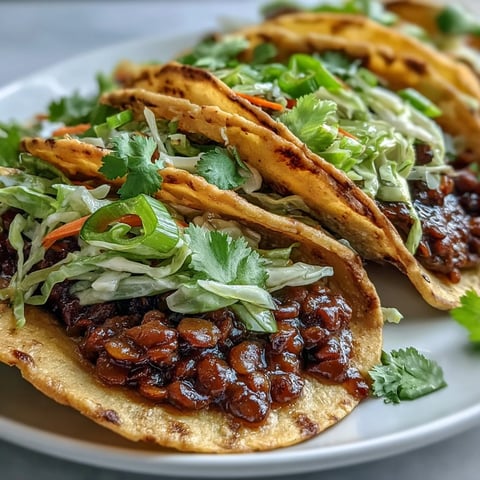 Warm Vegan BBQ Lentil Tacos topped with crisp cabbage slaw and fresh cilantro garnish.