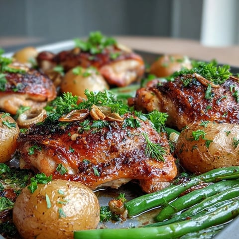 Sheet Pan Lemon Garlic Chicken with roasted potatoes and bright green beans is garnished with fresh parsley and lemon wedges.