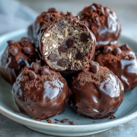 Freshly rolled Vegan Chocolate Peanut Butter Protein Balls on a chilled parchment-lined tray, showcasing a rich cocoa finish and melted chocolate chips.