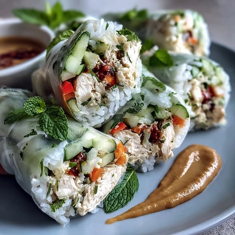Light Chicken and Veggie Spring Rolls with Peanut Sauce stacked on a white plate with fresh herbs and lime wedges.