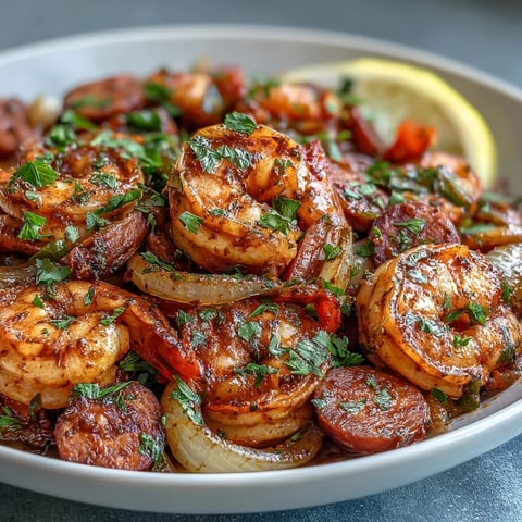 Sizzling keto Cajun shrimp and sausage skillet with colorful bell peppers and fresh parsley garnish.