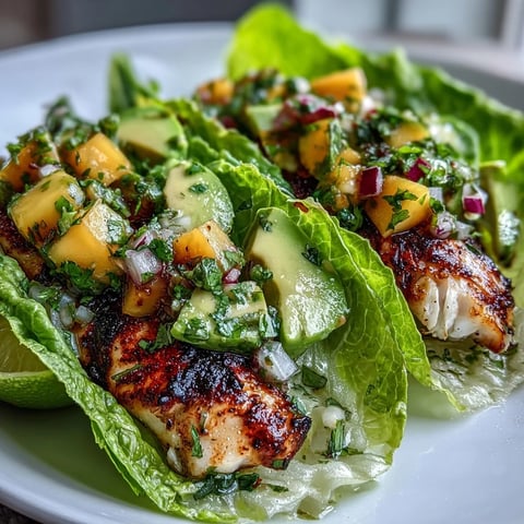 Fresh grilled fish tacos nestled in crisp lettuce shells, topped with a vibrant mango salsa and creamy avocado slices for a light, healthy meal.