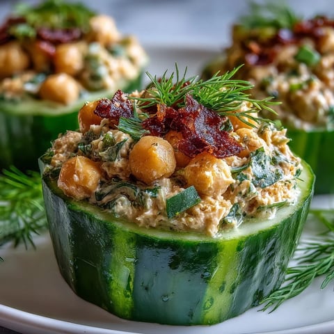 Vegan chickpea tuna salad stuffed into crisp cucumber boats makes a fresh, protein-rich appetizer perfect for summer gatherings.