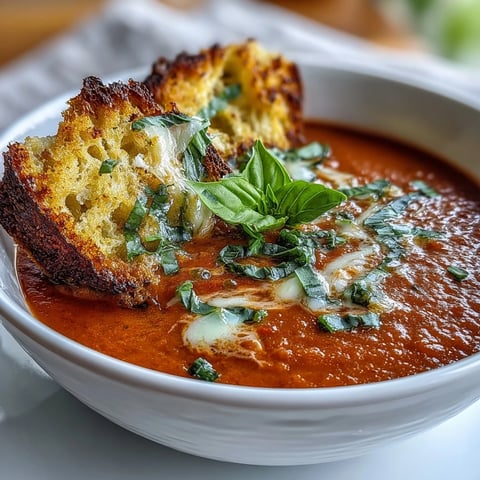 A steaming bowl of vegan creamy tomato basil soup with a swirl of coconut milk, served alongside golden garlic sourdough dippers.