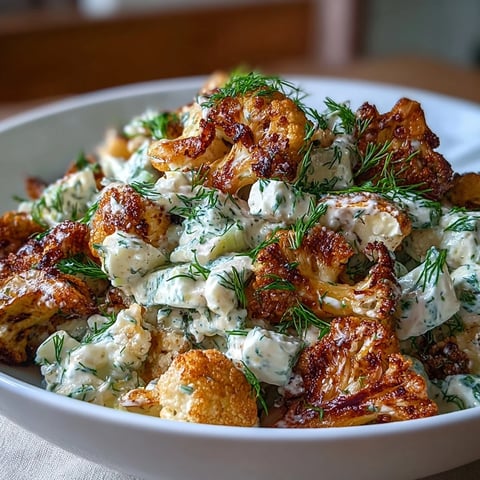 Creamy keto cauliflower potato salad with dill pickles, eggs, and roasted cauliflower florets in a tangy dressing.  