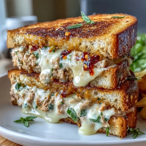 Spicy tuna melt with Calabrian chili oil, melted provolone, and tangy sourdough bread, served golden and gooey.