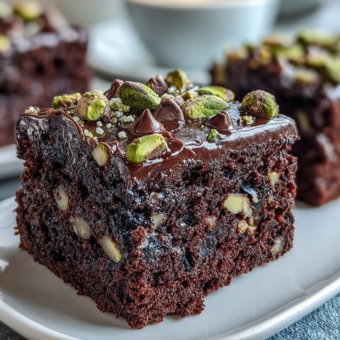 Rich Pistachio-Chocolate Snacking Cake with chunks of dark chocolate and crunchy roasted pistachios, baked to a dense, fudgy texture.