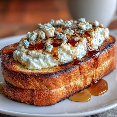 A golden slice of sourdough toast layered with creamy whipped ricotta, drizzled with salted honey, and topped with fresh mixed berries.