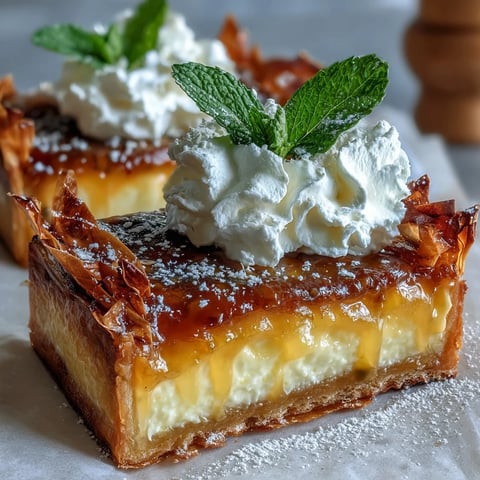 Vibrant passionfruit curd tart with golden phyllo crust, topped with fluffy whipped cream and fresh mint for a tropical twist.