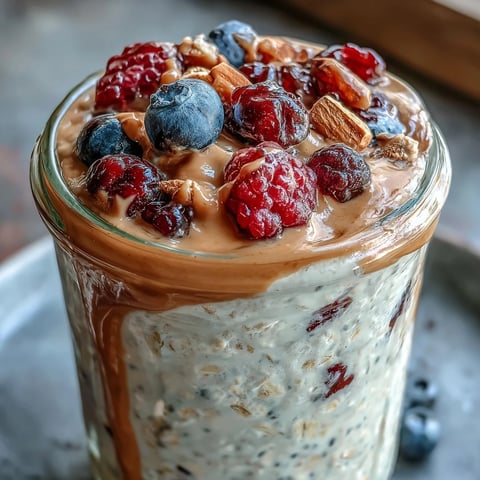 Creamy overnight oats topped with fresh mixed berries and a swirl of almond butter for a nourishing breakfast.  