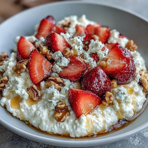 A creamy cottage cheese fruit bowl with fresh strawberries and honey drizzle, perfect for a healthy breakfast or snack.
