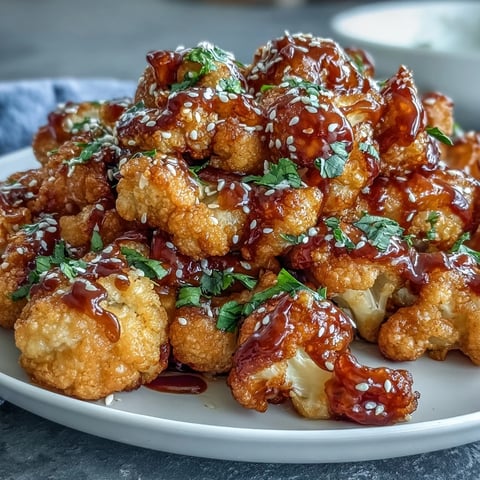 Crispy air fryer General Tso's cauliflower florets coated in a sweet and spicy Asian sauce, garnished with sesame seeds and scallions.