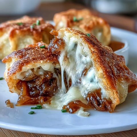 Crispy caramelized French onion soup dumplings filled with gooey Gruyère and topped with fresh chives.