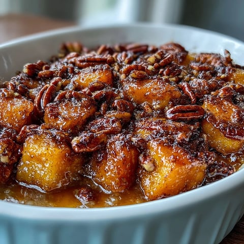 A warm casserole of candied yams topped with a crunchy pecan streusel, baked to golden perfection for holiday feasts.