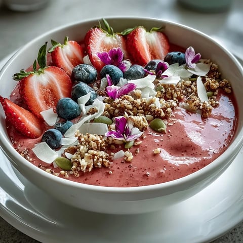 A vibrant Galentine's brunch strawberry smoothie bowl with granola, fresh berries, and coconut flakes for a festive treat.