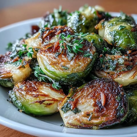 Herb-lemon roasted Brussels sprouts with almonds, golden and crisp-tender, tossed with fresh parsley and thyme.  