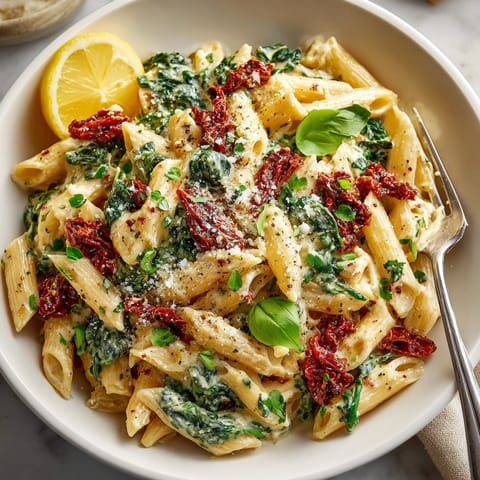 Steaming one-pot creamy sun-dried tomato pasta with spinach and melty Parmesan cheese, perfect for weeknight dinners.