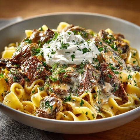 Creamy classic Beef and Mushroom Stroganoff with tender beef strips and rich mushroom gravy.