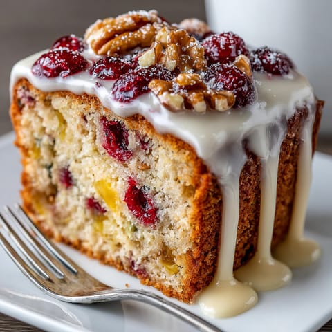 A warm slice of Chaos Cake, showing juicy cranberries baked inside the moist, flavorful crumb.