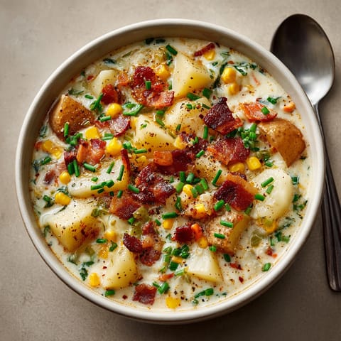 Golden, steaming bowl of creamy potato-corn chowder crowned with visible, crispy bacon pieces.