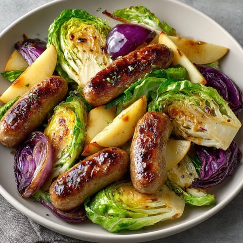 This sheet pan showcases the savory appeal of maple-glazed sausage, apple, and cabbage, roasted to perfection.