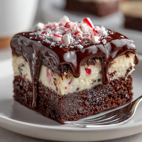 A close-up of baked Silly Cake Peppermint Bark Brownie Bars, boasting layers of delight.
