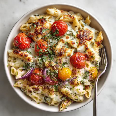 A close-up of the Speedy Cherry-Tomato Baked Pasta skillet, showcasing the vibrant tomato sauce and cheese.