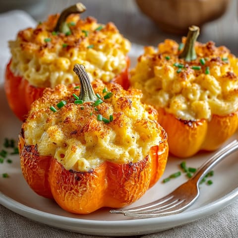 A close-up of comforting Halloween Orange Mac and Cheese Bowls, ready to eat, with pepper "lids."