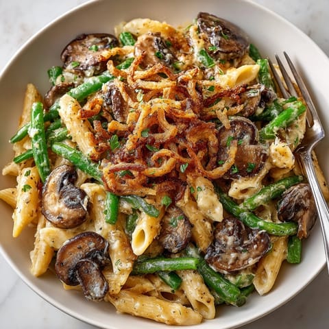 Creamy Thanksgiving Green Bean Casserole Pasta, a comforting vegetarian dish with tender green beans.