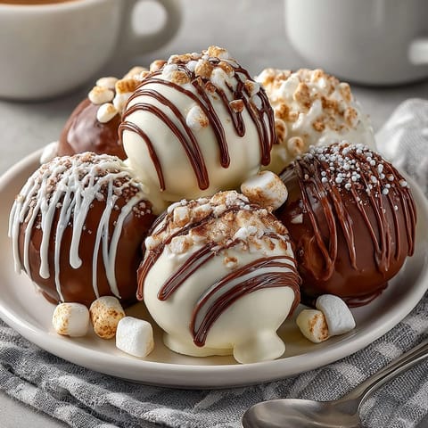 Image depicts a chocolate sphere overflowing with mini marshmallows, perfect for a warm Hot Chocolate Bomb.