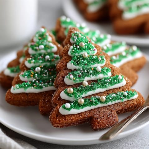 Festive Brown Butter Snickerdoodle Christmas Trees are ready, featuring vibrant green icing and colorful sprinkles.