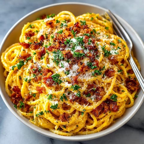 Delicious pumpkin spice carbonara with golden pasta, bacon crumbles, and a dusting of Parmesan cheese.