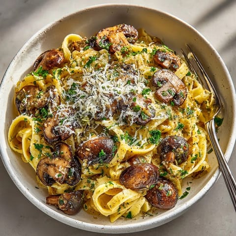 Freshly made Chestnut Mushroom Pasta, glistening with rosemary oil and Parmesan, a warm and comforting dish.