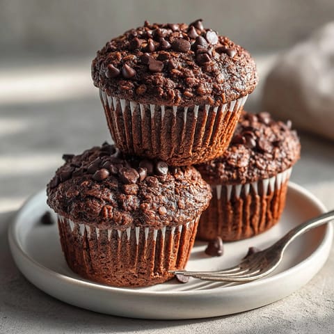 Healthy chocolate protein muffins displayed for breakfast, moist texture with a rich cocoa aroma.
