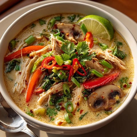 Creamy Thai Curry Coconut Soup served hot with lime wedges and colorful bell peppers in a white bowl.