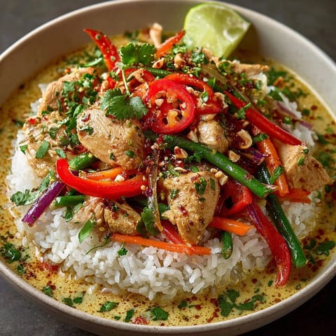 Steaming bowl of Thai Curry Chicken Rice in creamy coconut sauce with crisp vegetables