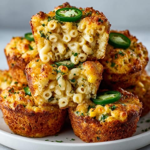 Cheesy mac and cheese jalape&ntilde;o cornbread muffins with spicy jalape&ntilde;o slices on top, perfect for snacking.