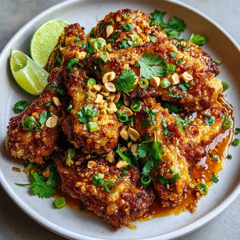 Golden Peanut Butter Sriracha Chicken Wings fresh from the oven, topped with cilantro and lime wedges for serving.