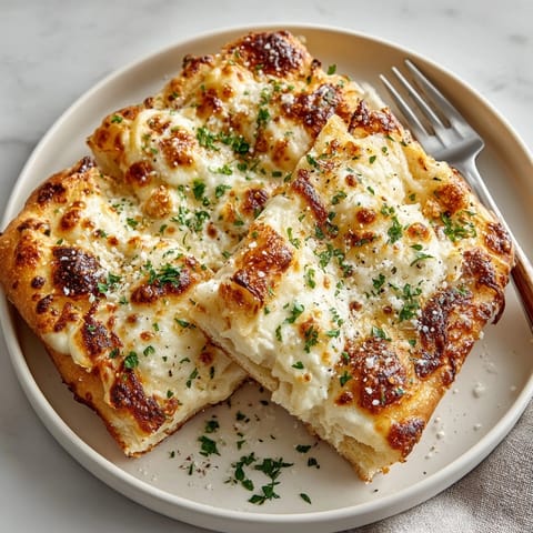 Closeup of golden-baked Garlic Butter Alfredo Flatbread showing bubbling cheese and creamy Alfredo sauce