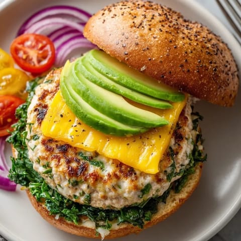 Golden seared white cheddar and spinach chicken burgers stacked with avocado and tomato slices.