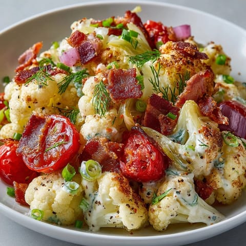 Creamy BLT Cauliflower Salad recipe served chilled, perfect for low carb summer gatherings and picnics