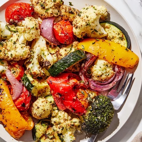 Close-up of tender Garlic Parmesan Roasted Veggies, bubbly cheese, and colorful vegetables.