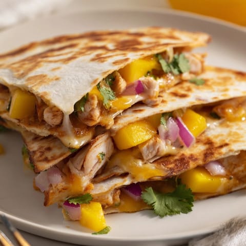 Savory, smoky Mango Chipotle Chicken Quesadillas, toasted until golden for a quick dinner.