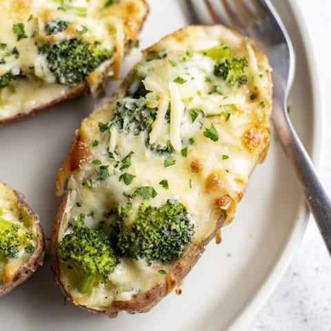Creamy Alfredo Broccoli Stuffed Potato Skins, baked until crisp, ready to enjoy as a vegetarian appetizer.