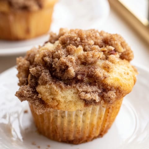Golden-brown muffins with cinnamon swirls, topped with a rich streusel, ideal for dessert.  