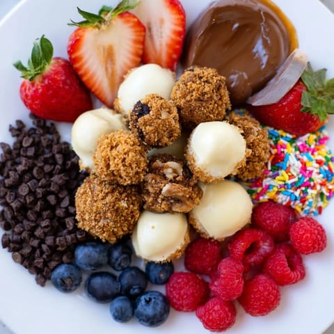 Interactive cheesecake bites dessert board, inviting flavors and colorful toppings for all.  