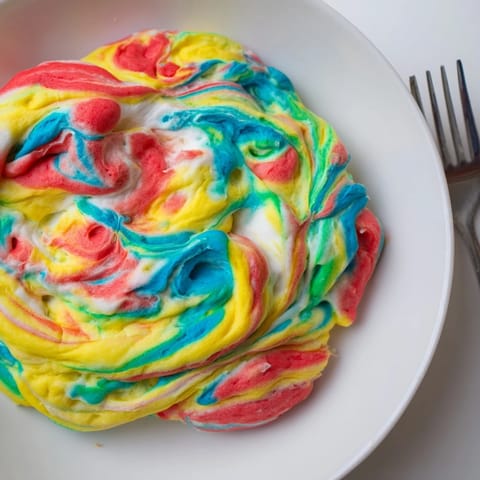 Vibrant rainbow cloud bread staring back from a baking sheet, perfect for parties.  
