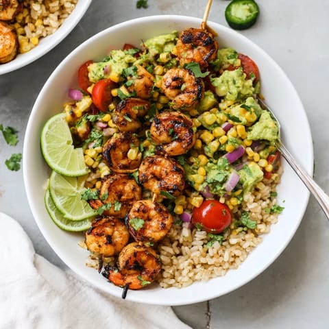 Juicy grilled shrimp bowl topped with fresh avocado corn salsa and lime.  