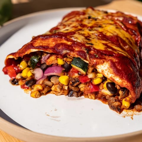 A close-up shot of colorful Farmers Market Vegetarian Enchiladas, filled with roasted vegetables and beans.